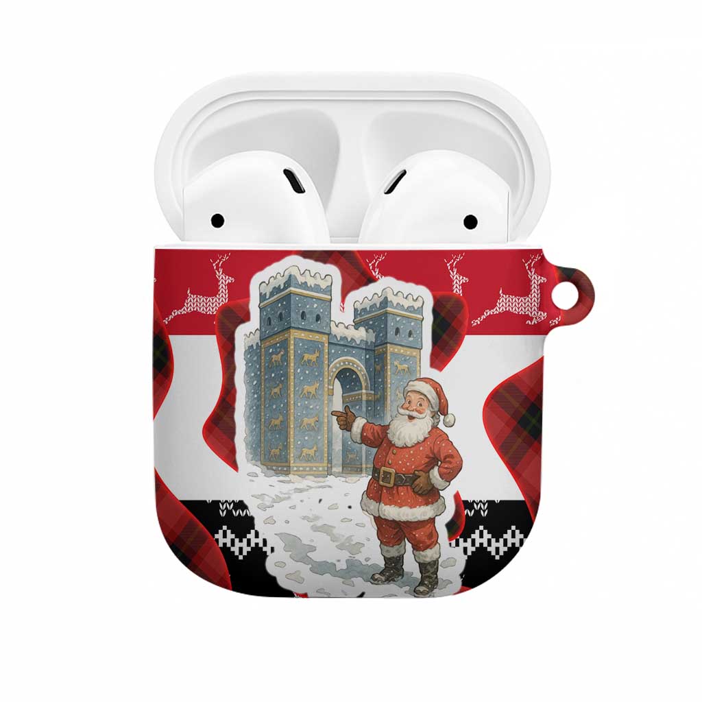 Iraq Christmas AirPods Case with Santa Ishtar Gate Red Plaid and Snowflake Reindeer Pattern - Wonder Print Shop