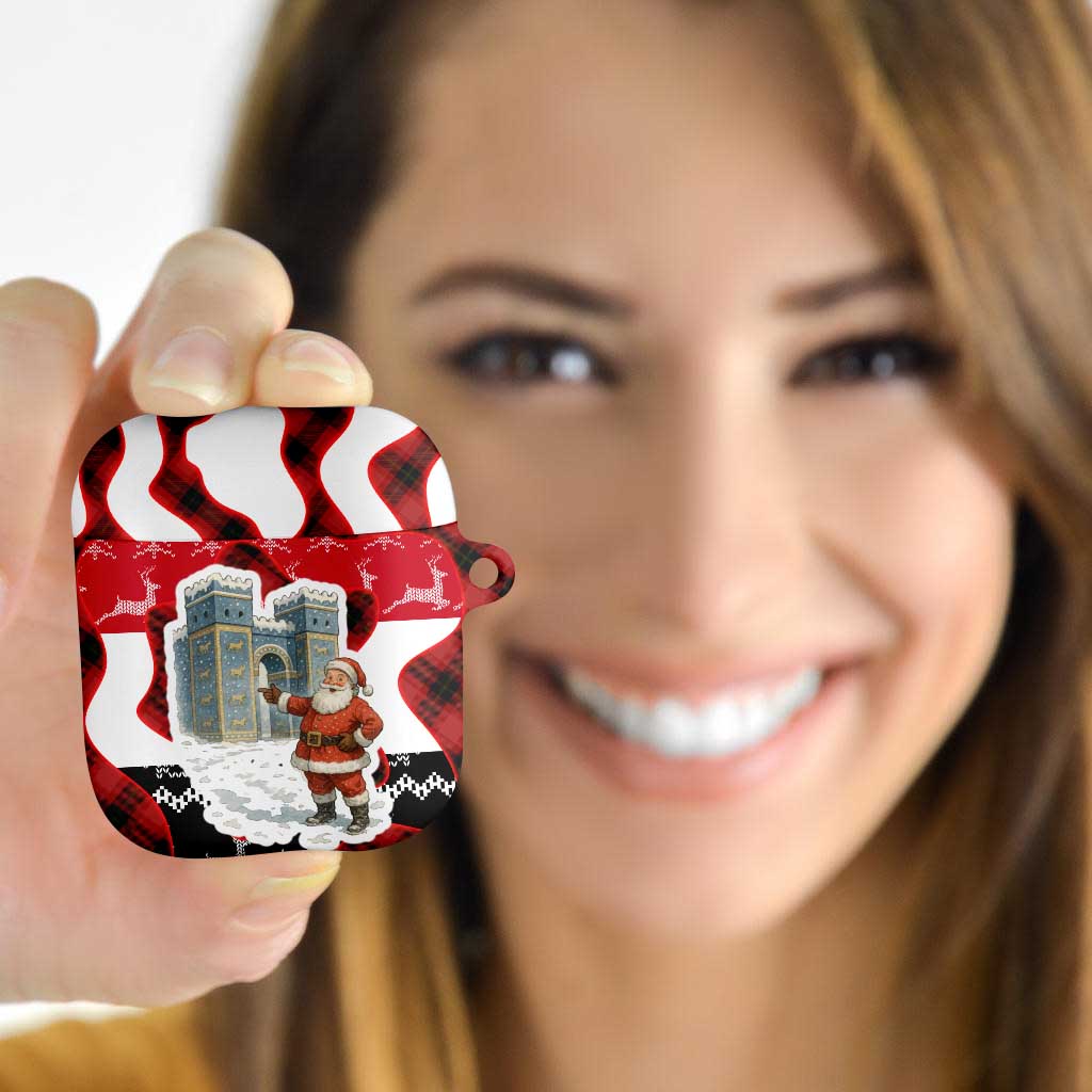 Iraq Christmas AirPods Case with Santa Ishtar Gate Red Plaid and Snowflake Reindeer Pattern - Wonder Print Shop