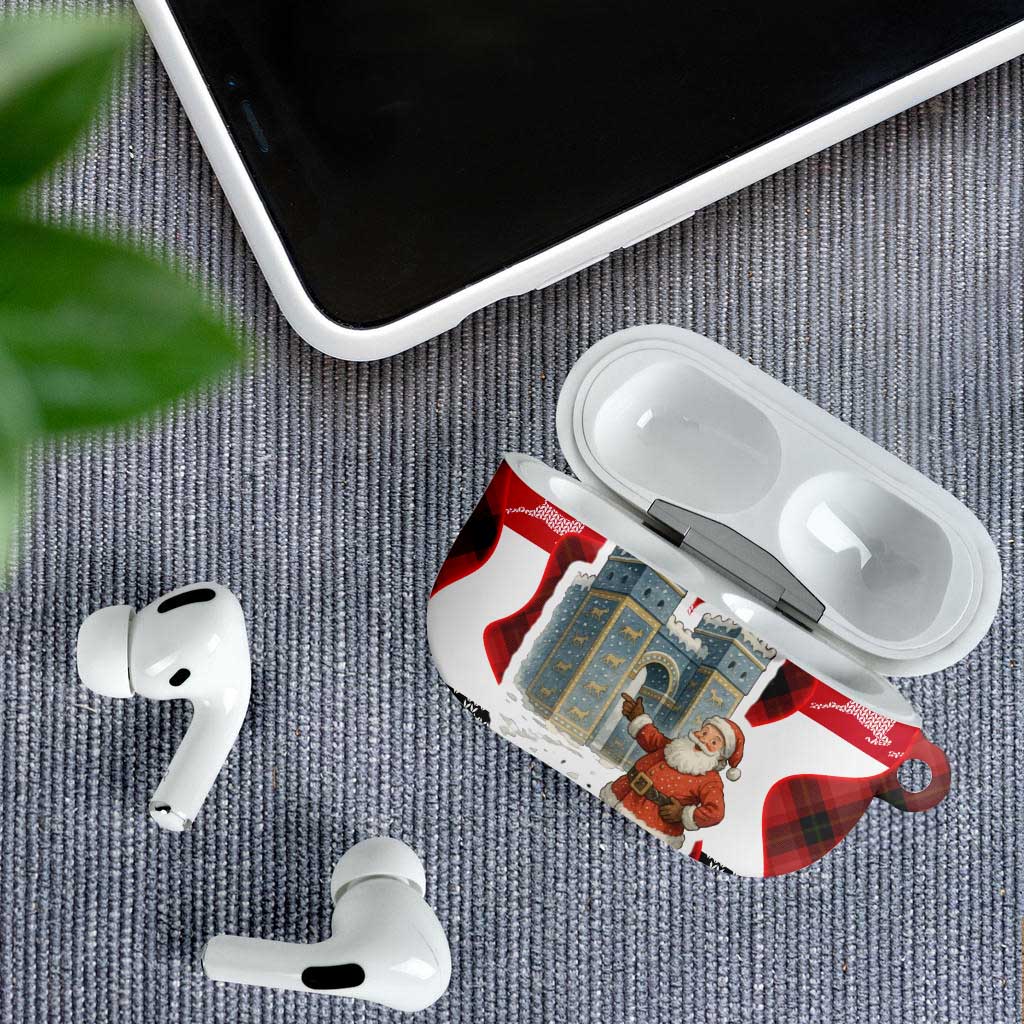 Iraq Christmas AirPods Case with Santa Ishtar Gate Red Plaid and Snowflake Reindeer Pattern - Wonder Print Shop