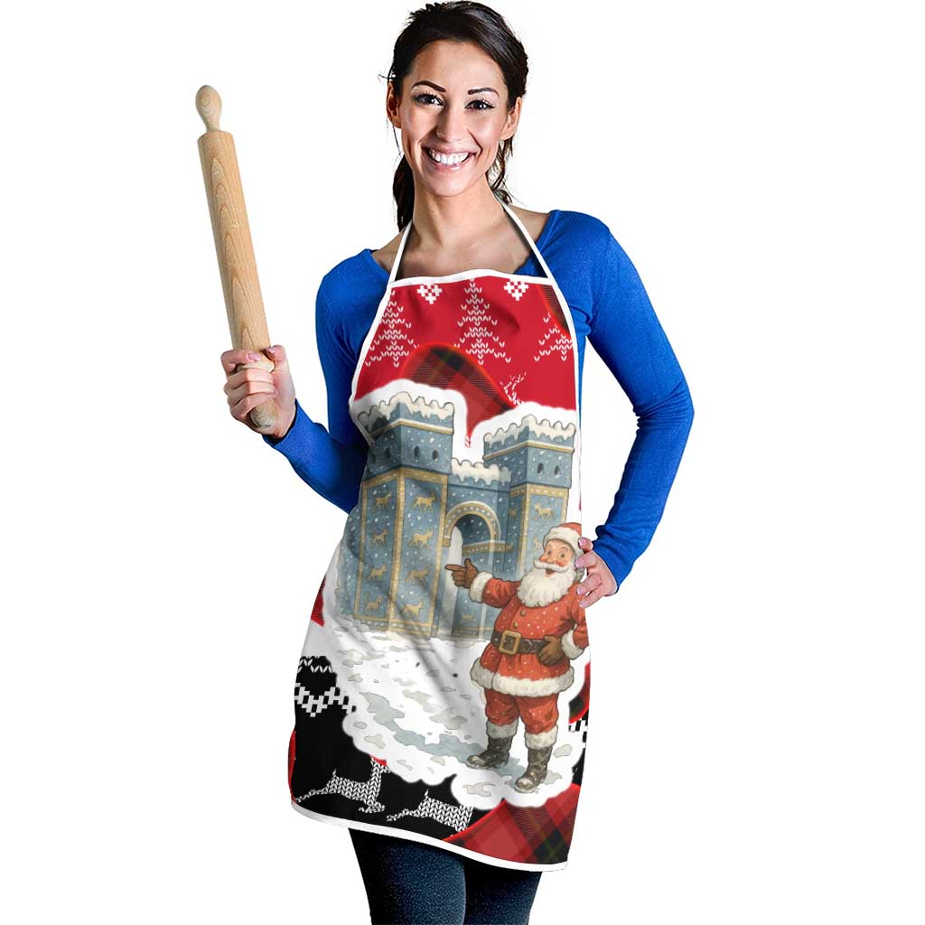 Iraq Christmas Apron with Santa Ishtar Gate Red Plaid and Snowflake Reindeer Pattern - Wonder Print Shop