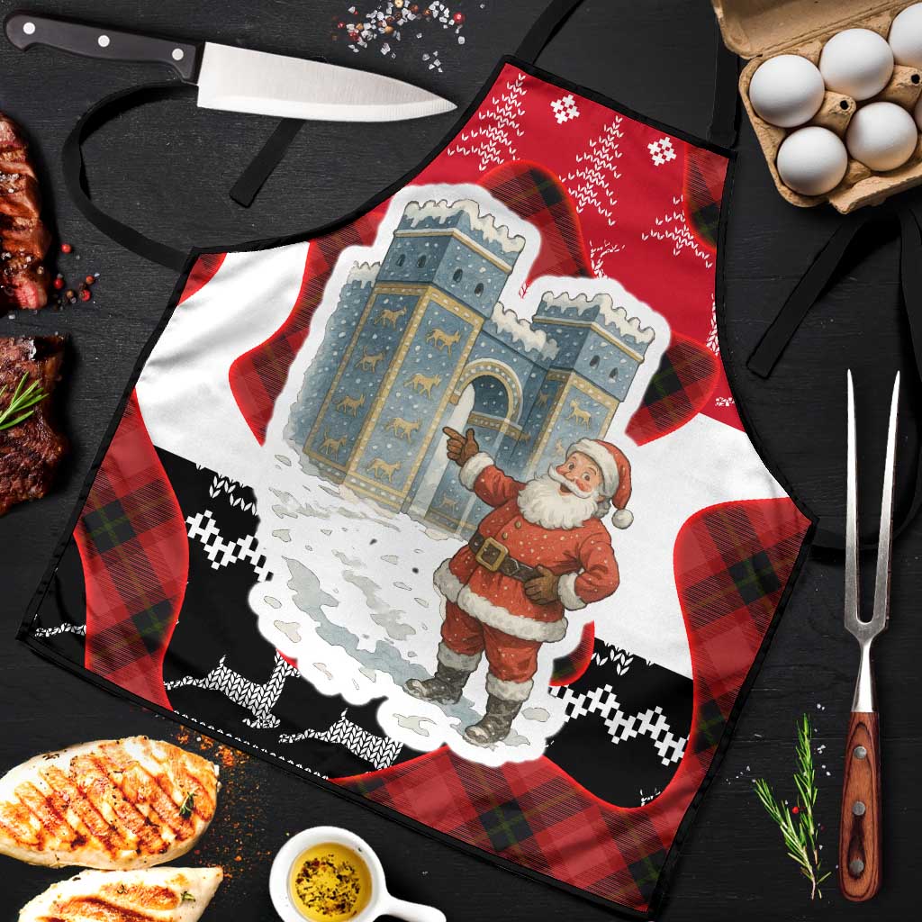 Iraq Christmas Apron with Santa Ishtar Gate Red Plaid and Snowflake Reindeer Pattern - Wonder Print Shop