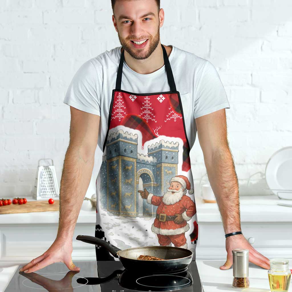 Iraq Christmas Apron with Santa Ishtar Gate Red Plaid and Snowflake Reindeer Pattern - Wonder Print Shop