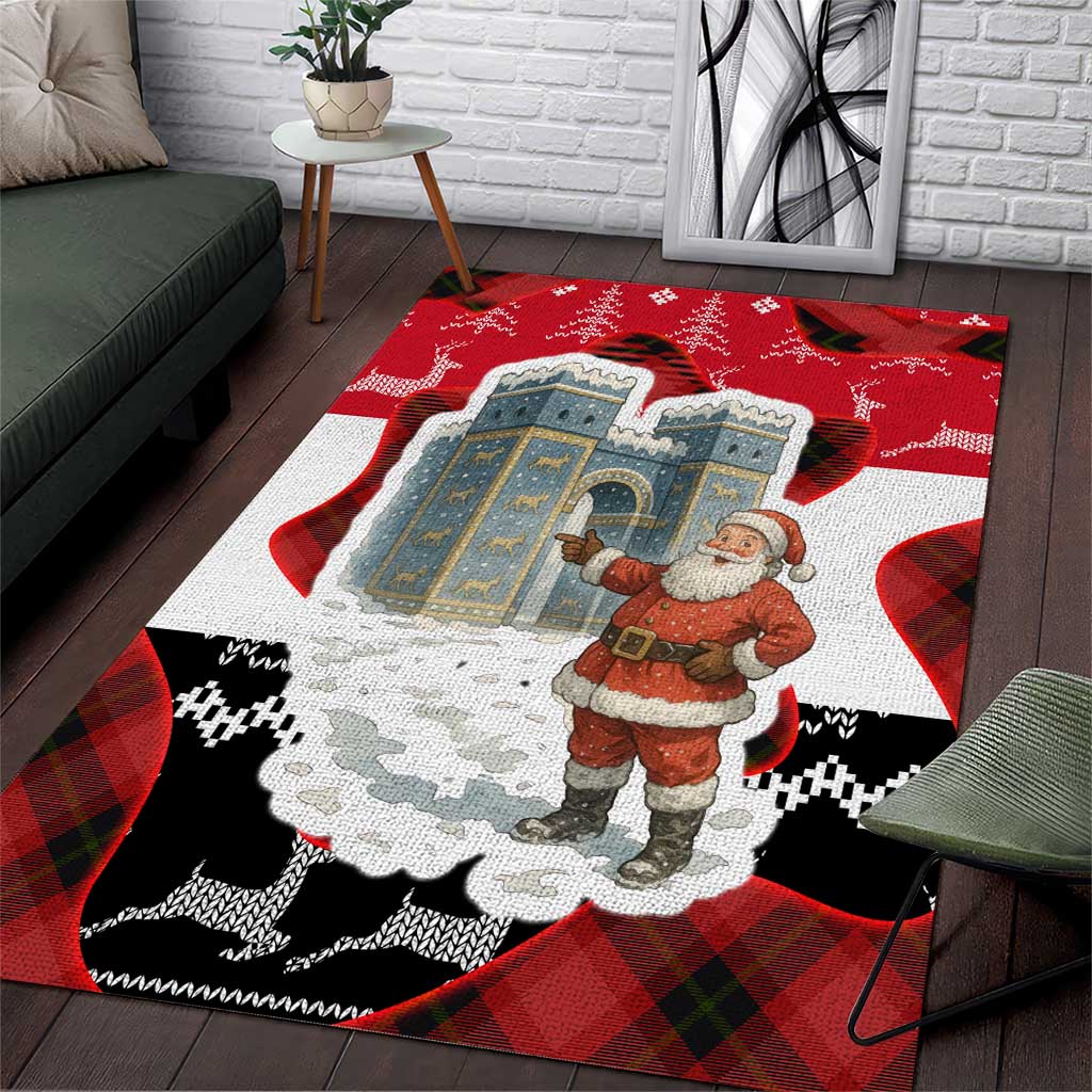 Iraq Christmas Area Rug with Santa Ishtar Gate Red Plaid and Snowflake Reindeer Pattern - Wonder Print Shop