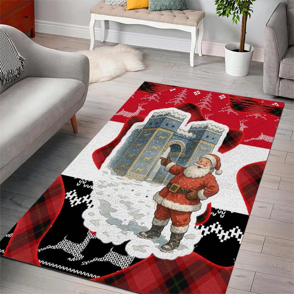 Iraq Christmas Area Rug with Santa Ishtar Gate Red Plaid and Snowflake Reindeer Pattern - Wonder Print Shop