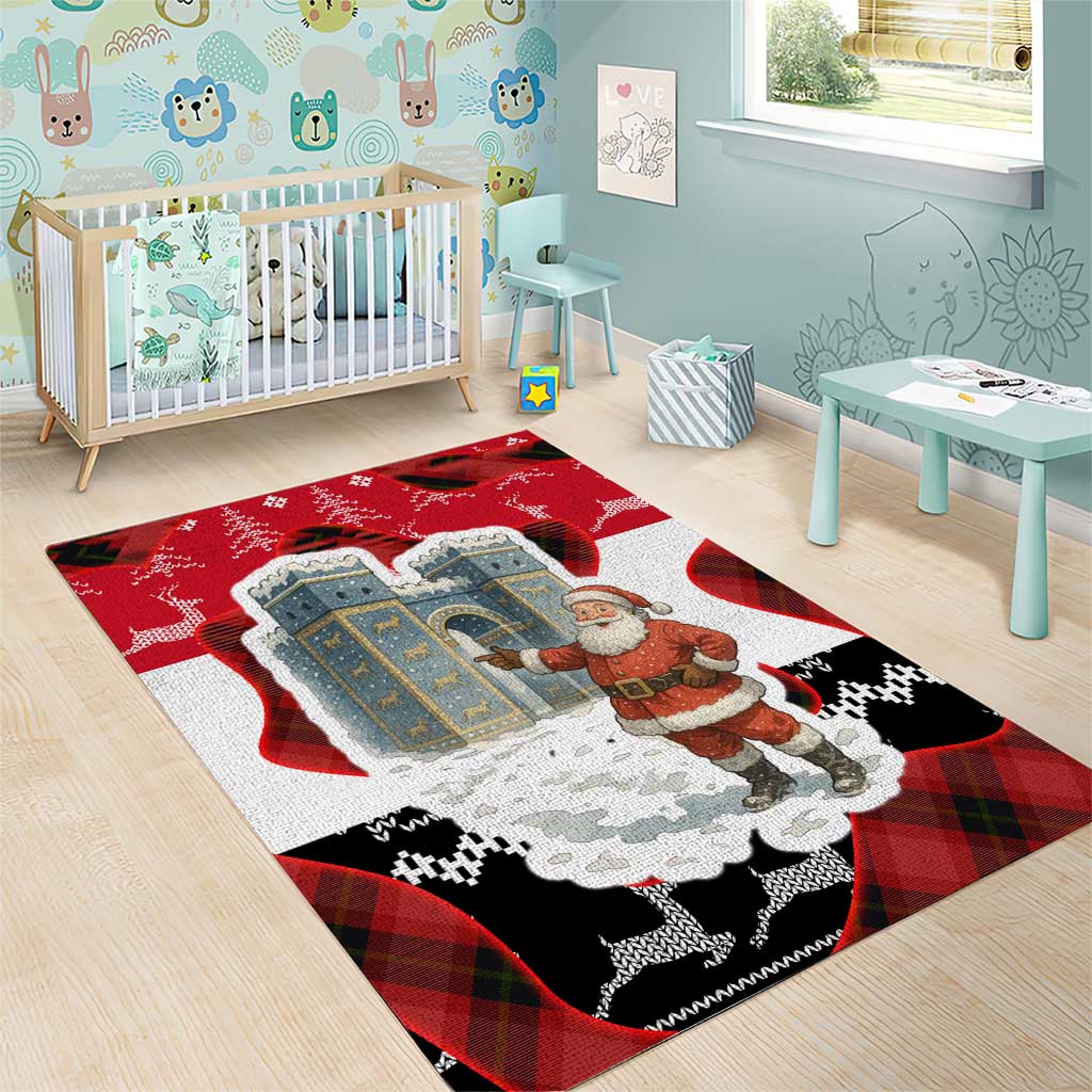 Iraq Christmas Area Rug with Santa Ishtar Gate Red Plaid and Snowflake Reindeer Pattern - Wonder Print Shop