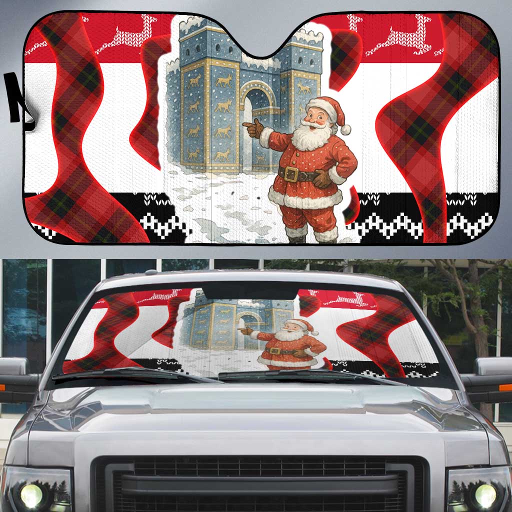 Iraq Christmas Auto Sun Shade with Santa Ishtar Gate Red Plaid and Snowflake Reindeer Pattern - Wonder Print Shop