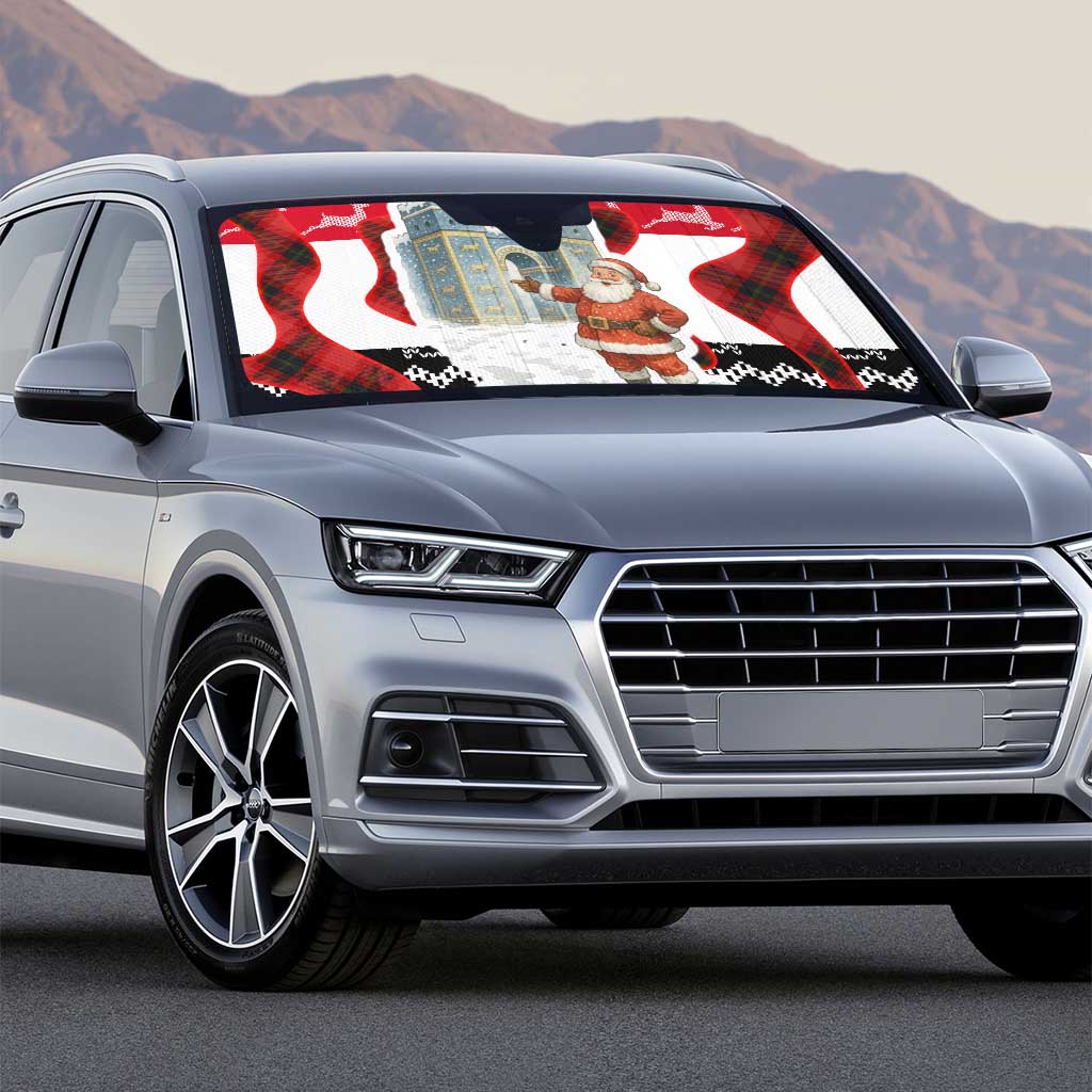 Iraq Christmas Auto Sun Shade with Santa Ishtar Gate Red Plaid and Snowflake Reindeer Pattern - Wonder Print Shop