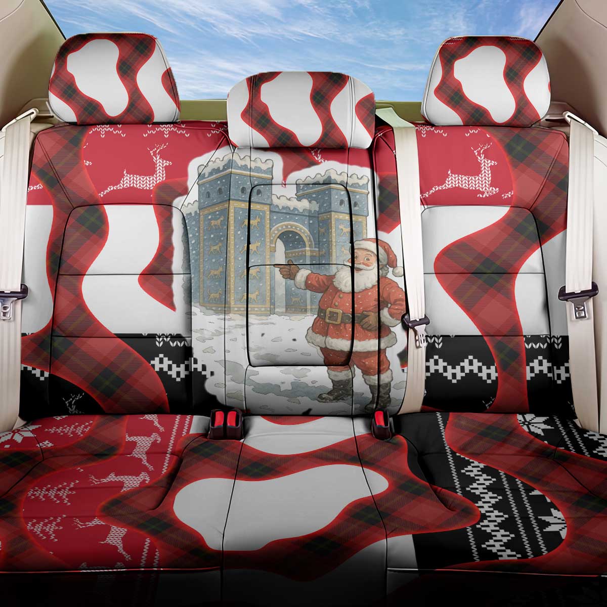 Iraq Christmas Back Car Seat Cover with Santa Ishtar Gate Red Plaid and Snowflake Reindeer Pattern - Wonder Print Shop