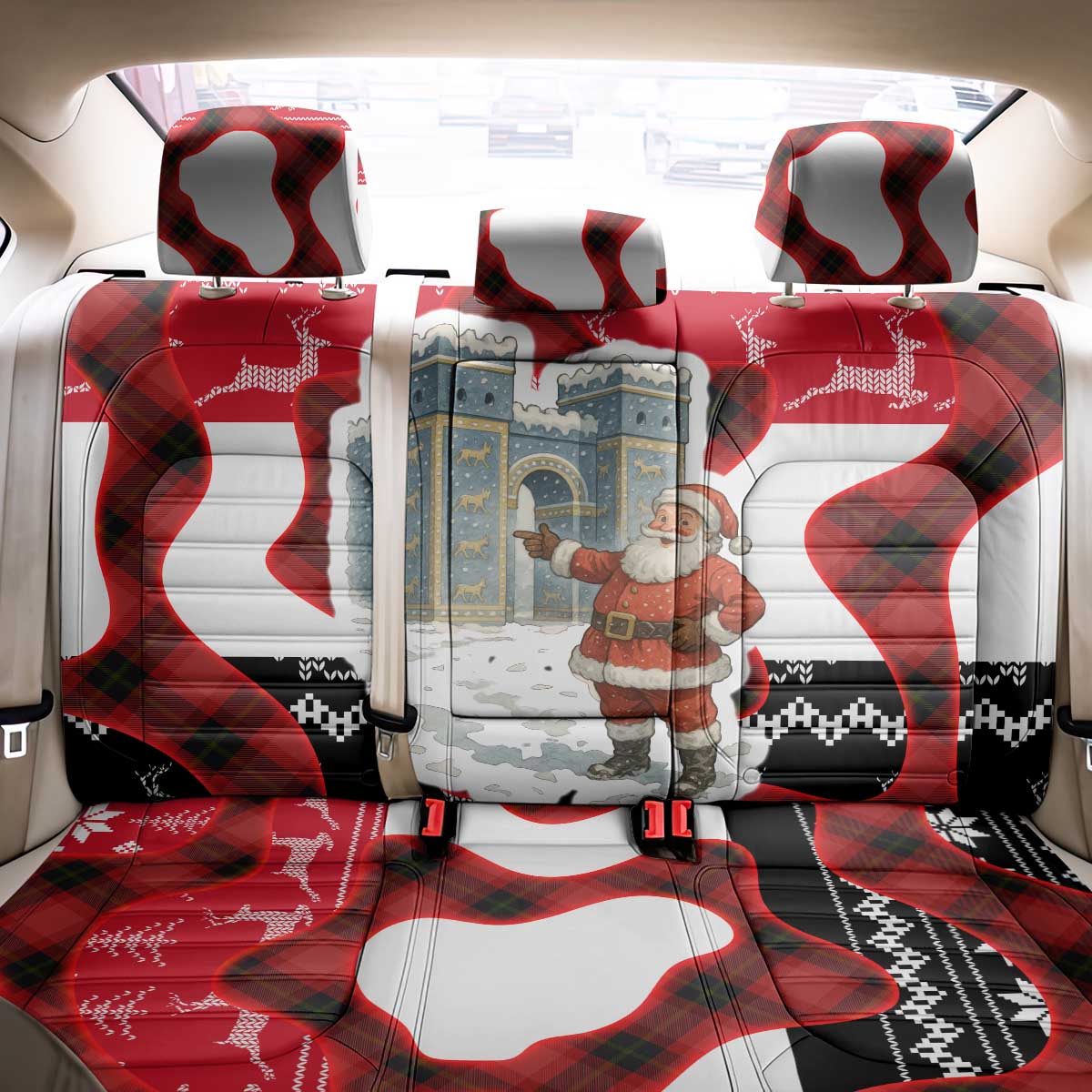 Iraq Christmas Back Car Seat Cover with Santa Ishtar Gate Red Plaid and Snowflake Reindeer Pattern - Wonder Print Shop