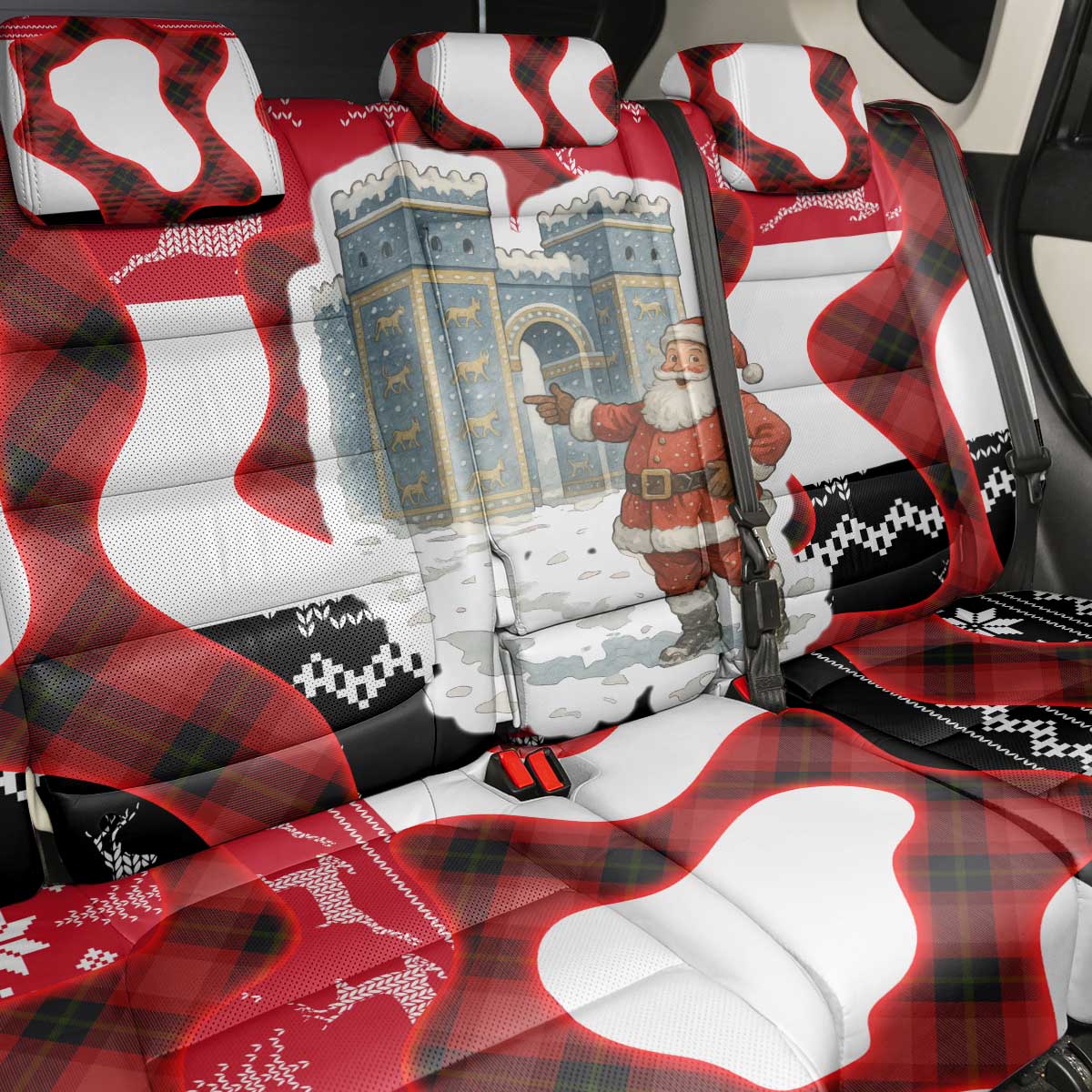 Iraq Christmas Back Car Seat Cover with Santa Ishtar Gate Red Plaid and Snowflake Reindeer Pattern - Wonder Print Shop