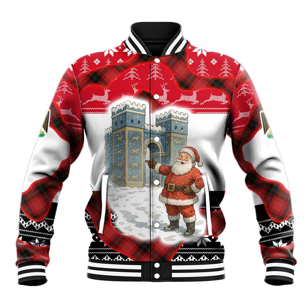 Iraq Christmas Baseball Jacket with Santa Ishtar Gate Red Plaid and Snowflake Reindeer Pattern - Wonder Print Shop