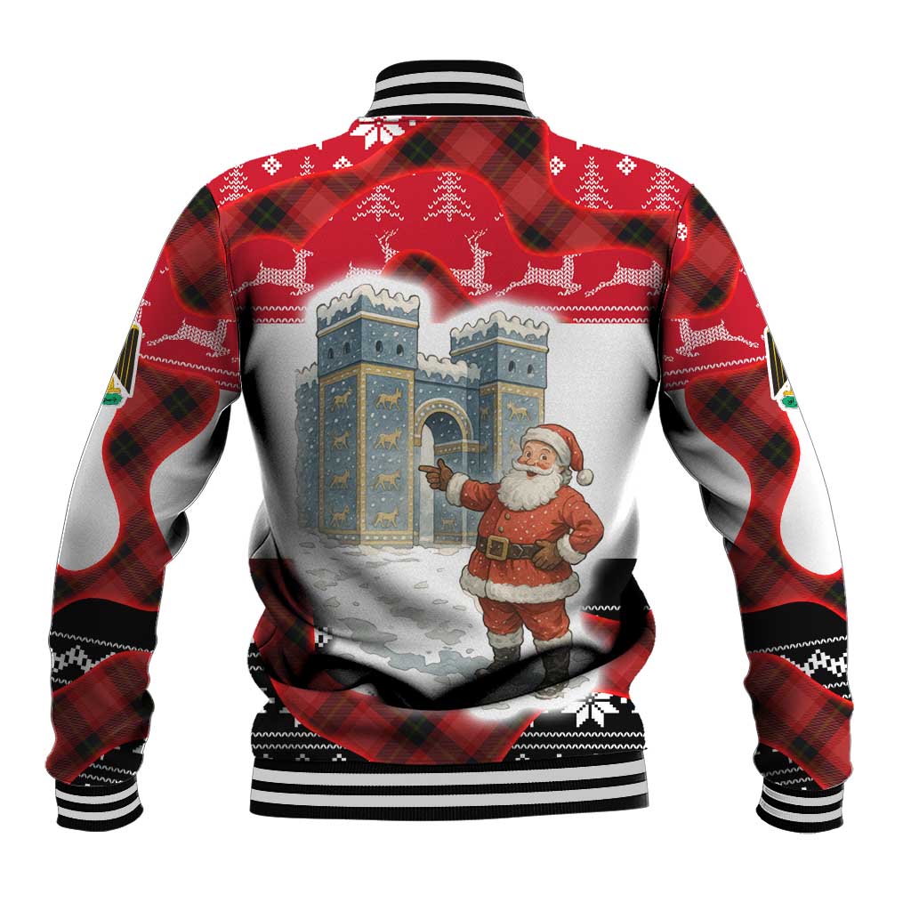 Iraq Christmas Baseball Jacket with Santa Ishtar Gate Red Plaid and Snowflake Reindeer Pattern - Wonder Print Shop