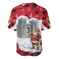 Iraq Christmas Baseball Jersey with Santa Ishtar Gate Red Plaid and Snowflake Reindeer Pattern - Wonder Print Shop