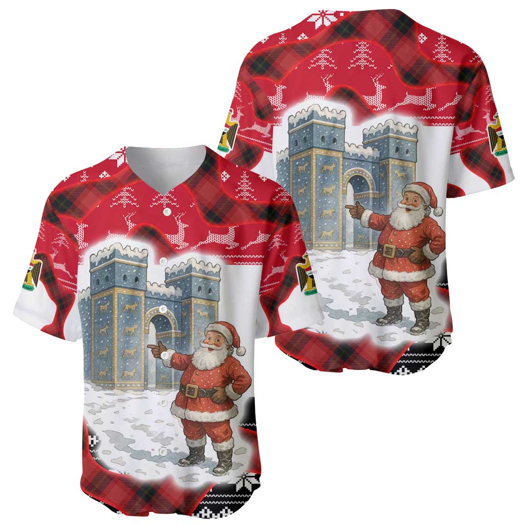 Iraq Christmas Baseball Jersey with Santa Ishtar Gate Red Plaid and Snowflake Reindeer Pattern - Wonder Print Shop