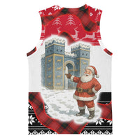 Iraq Christmas Basketball Jersey with Santa Ishtar Gate Red Plaid and Snowflake Reindeer Pattern - Wonder Print Shop