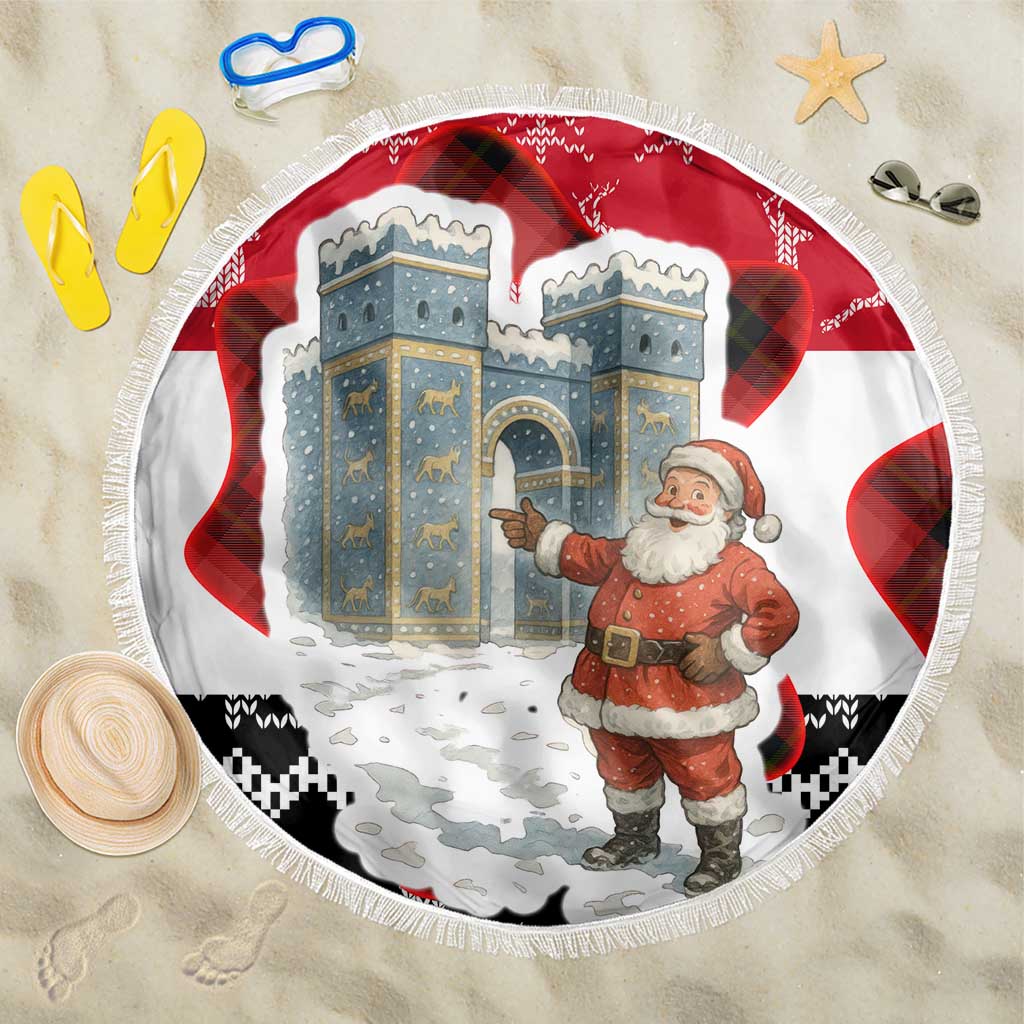 Iraq Christmas Beach Blanket with Santa Ishtar Gate Red Plaid and Snowflake Reindeer Pattern - Wonder Print Shop
