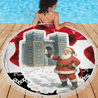 Iraq Christmas Beach Blanket with Santa Ishtar Gate Red Plaid and Snowflake Reindeer Pattern - Wonder Print Shop
