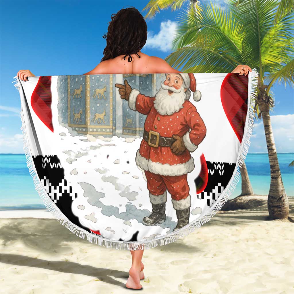 Iraq Christmas Beach Blanket with Santa Ishtar Gate Red Plaid and Snowflake Reindeer Pattern - Wonder Print Shop