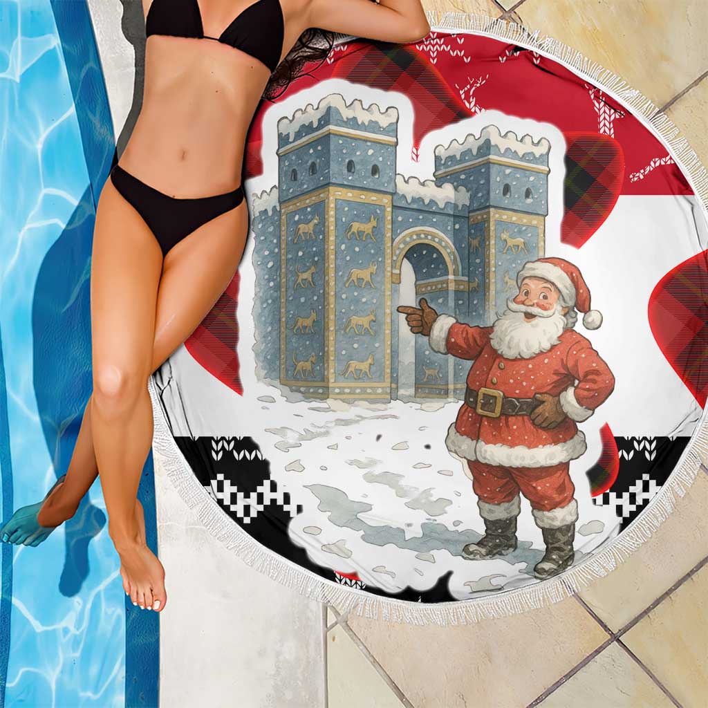 Iraq Christmas Beach Blanket with Santa Ishtar Gate Red Plaid and Snowflake Reindeer Pattern - Wonder Print Shop
