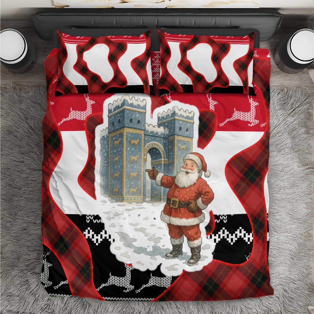 Iraq Christmas Bedding Set with Santa Ishtar Gate Red Plaid and Snowflake Reindeer Pattern - Wonder Print Shop