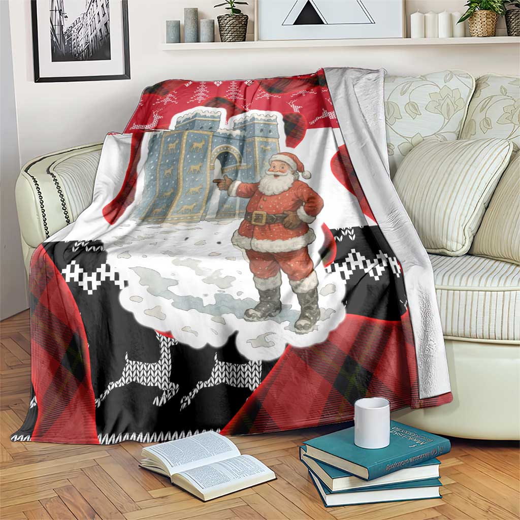 Iraq Christmas Blanket with Santa Ishtar Gate Red Plaid and Snowflake Reindeer Pattern - Wonder Print Shop