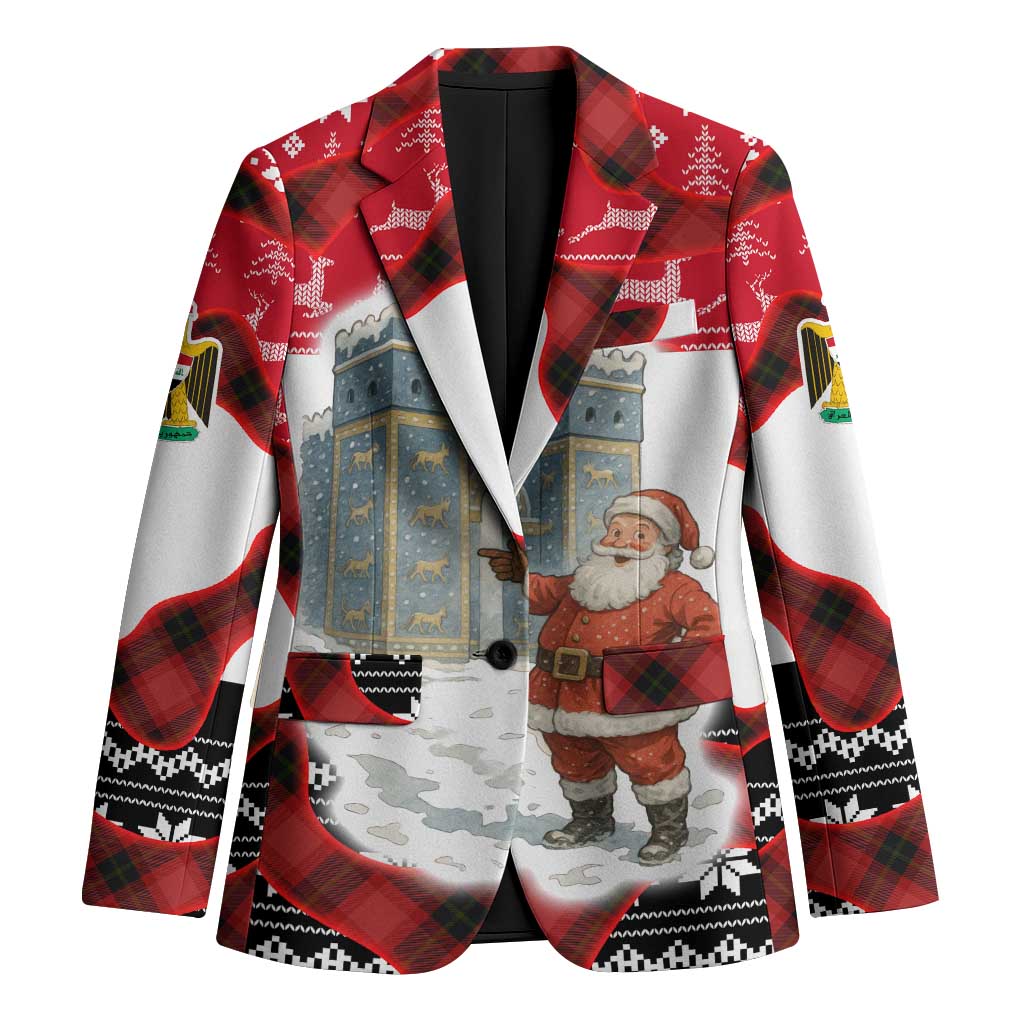 Iraq Christmas Blazer with Santa Ishtar Gate Red Plaid and Snowflake Reindeer Pattern - Wonder Print Shop