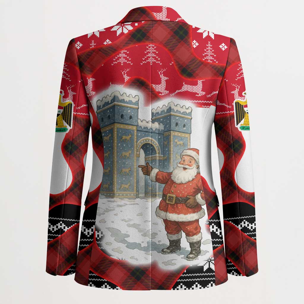 Iraq Christmas Blazer with Santa Ishtar Gate Red Plaid and Snowflake Reindeer Pattern - Wonder Print Shop