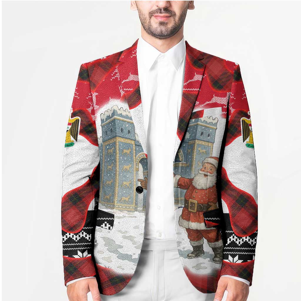 Iraq Christmas Blazer with Santa Ishtar Gate Red Plaid and Snowflake Reindeer Pattern - Wonder Print Shop