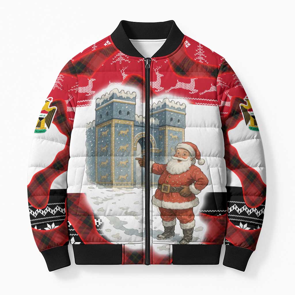 Iraq Christmas Bomber Puffer Jacket with Santa Ishtar Gate Red Plaid and Snowflake Reindeer Pattern - Wonder Print Shop