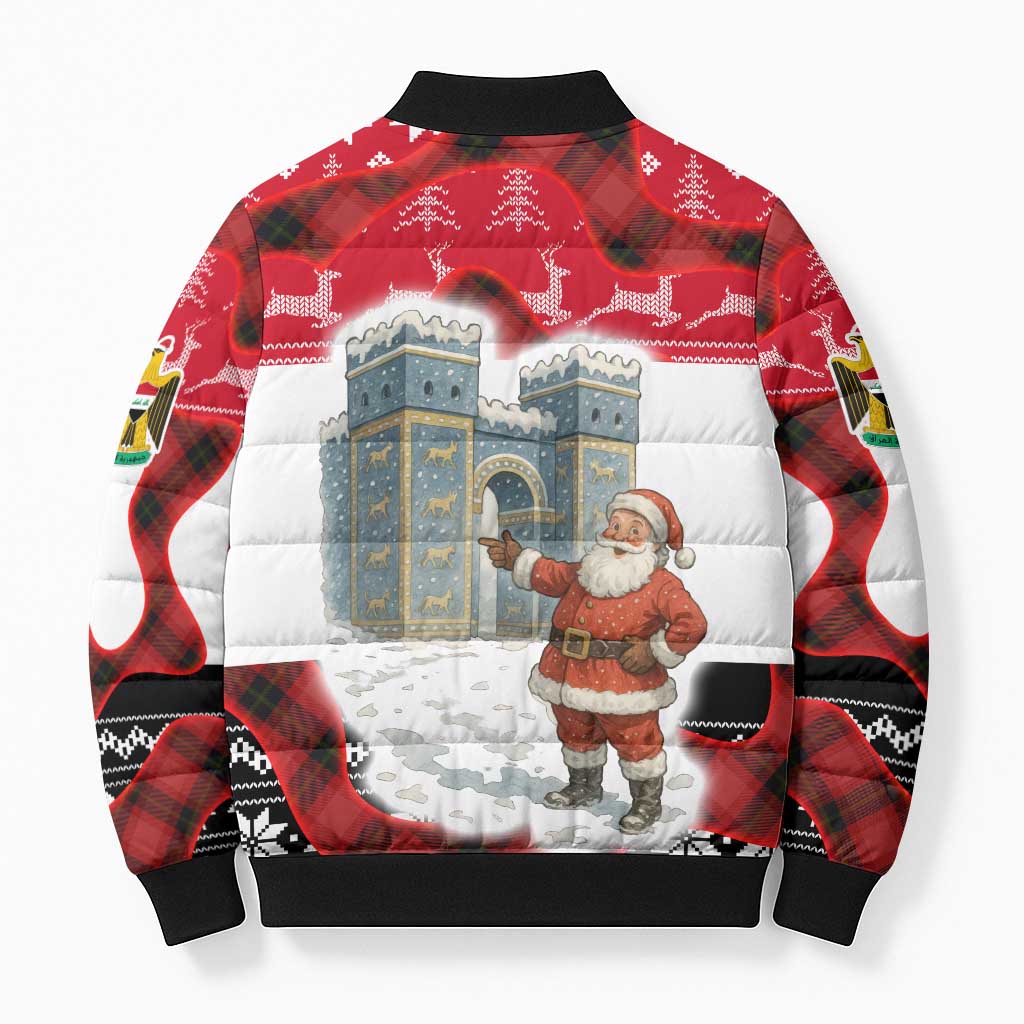 Iraq Christmas Bomber Puffer Jacket with Santa Ishtar Gate Red Plaid and Snowflake Reindeer Pattern - Wonder Print Shop