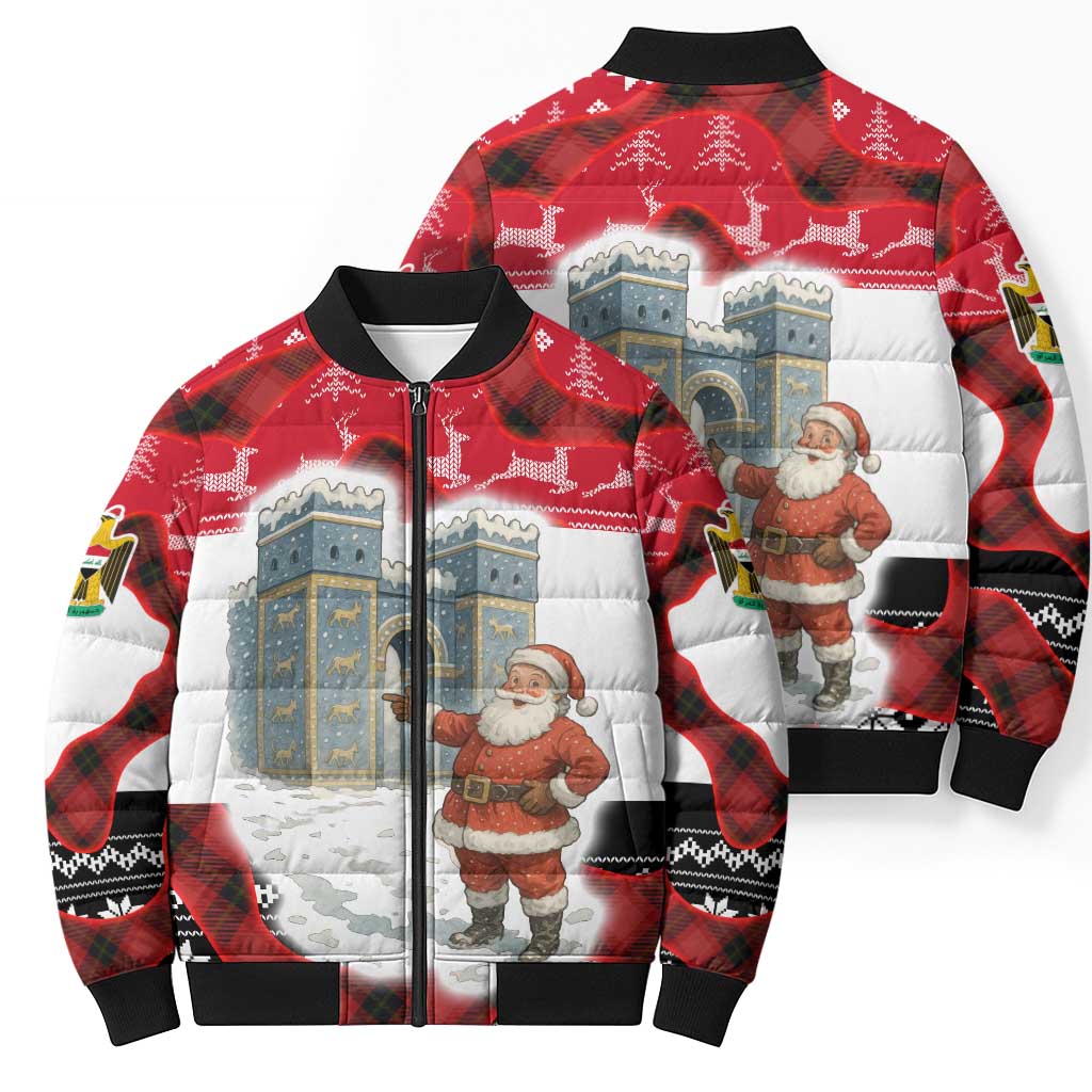 Iraq Christmas Bomber Puffer Jacket with Santa Ishtar Gate Red Plaid and Snowflake Reindeer Pattern - Wonder Print Shop