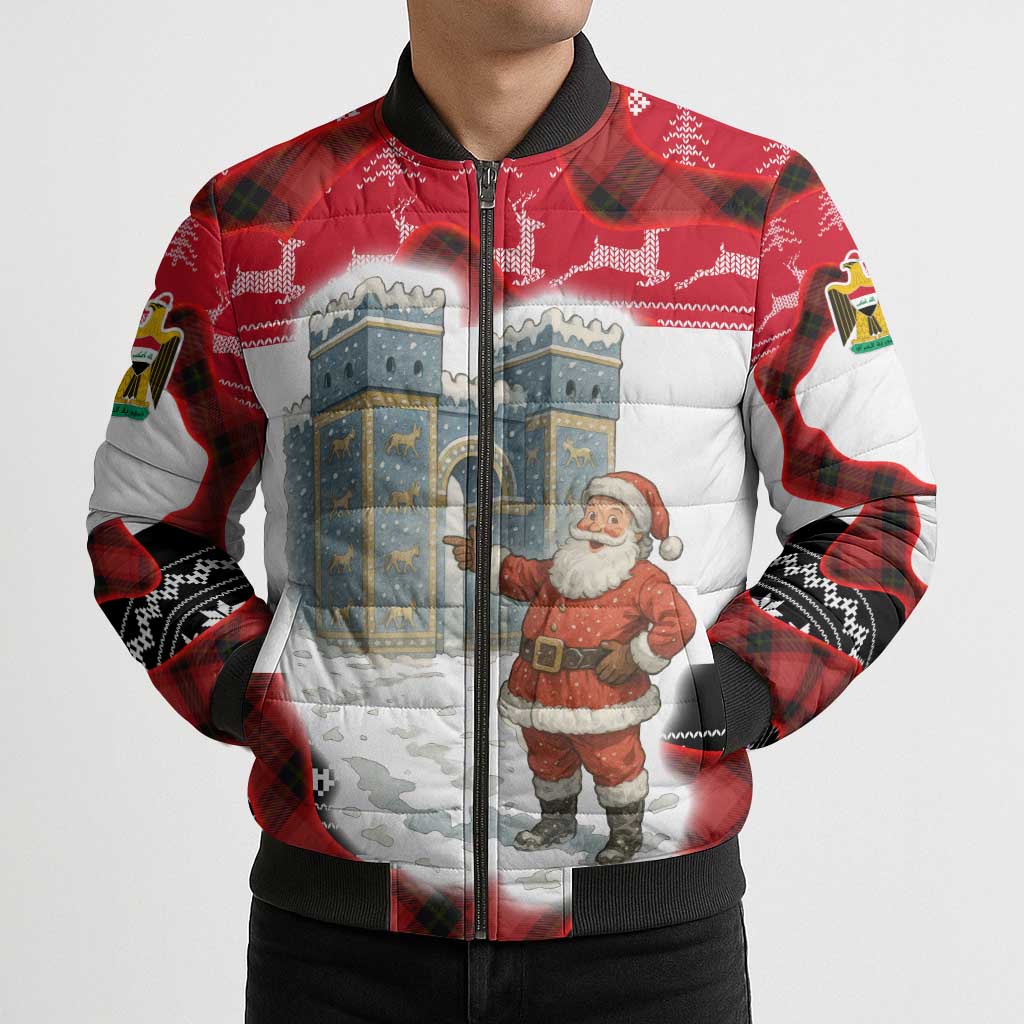 Iraq Christmas Bomber Puffer Jacket with Santa Ishtar Gate Red Plaid and Snowflake Reindeer Pattern - Wonder Print Shop