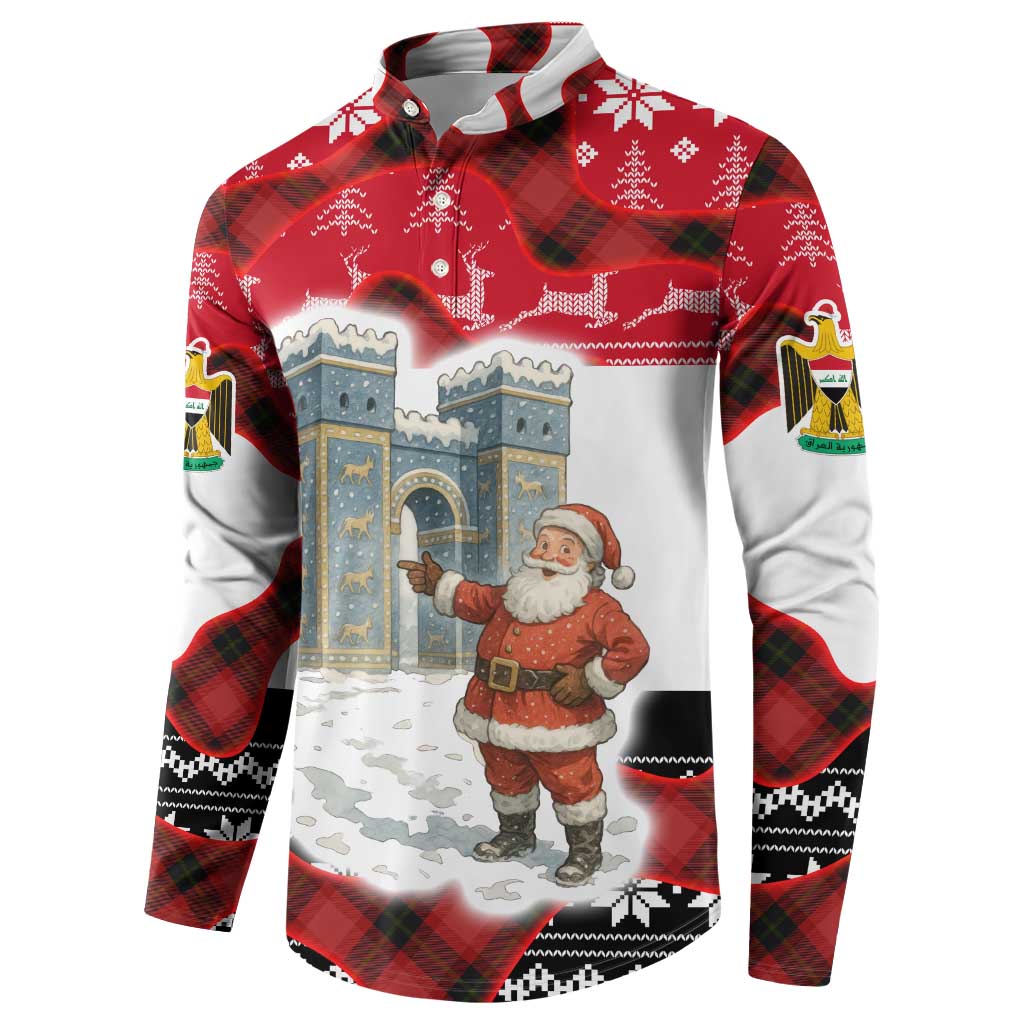 Iraq Christmas Button Sweatshirt with Santa Ishtar Gate Red Plaid and Snowflake Reindeer Pattern - Wonder Print Shop