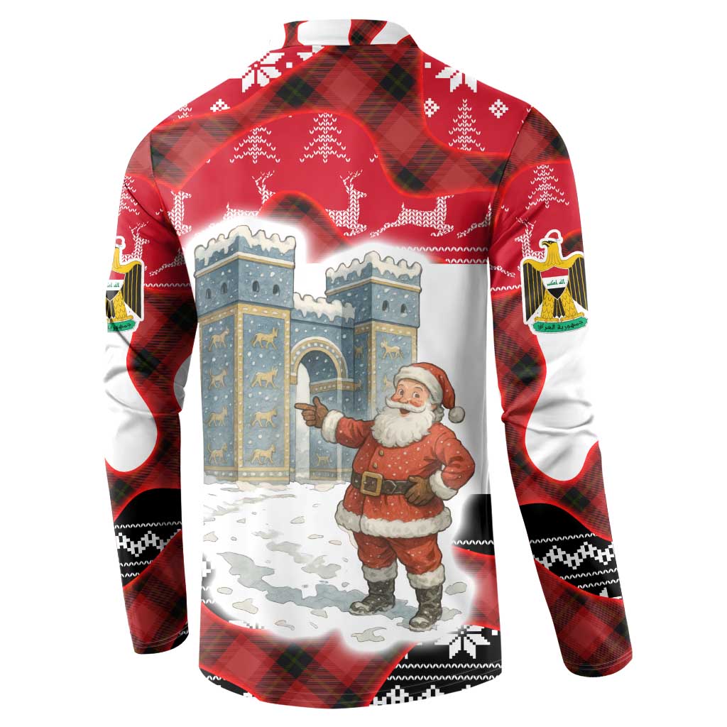 Iraq Christmas Button Sweatshirt with Santa Ishtar Gate Red Plaid and Snowflake Reindeer Pattern - Wonder Print Shop