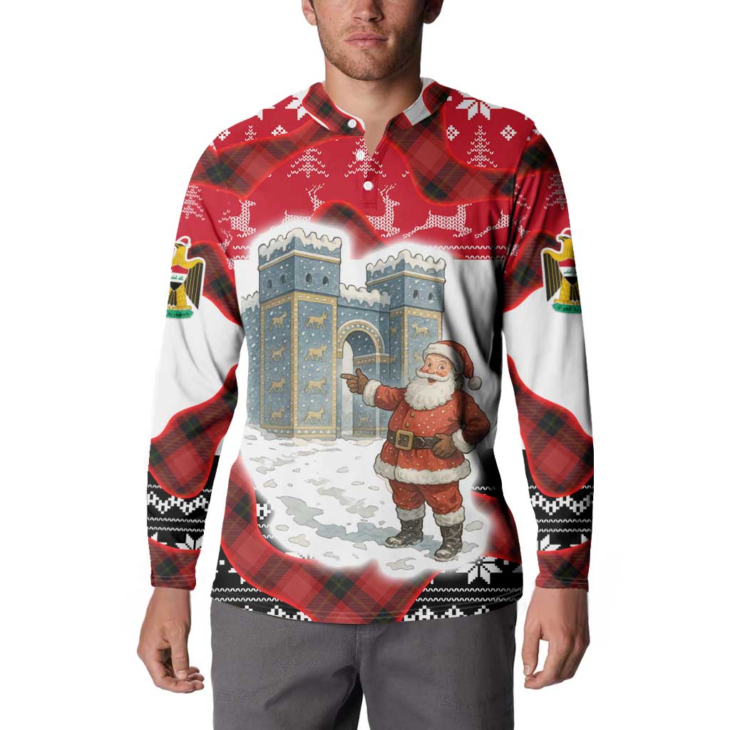 Iraq Christmas Button Sweatshirt with Santa Ishtar Gate Red Plaid and Snowflake Reindeer Pattern - Wonder Print Shop