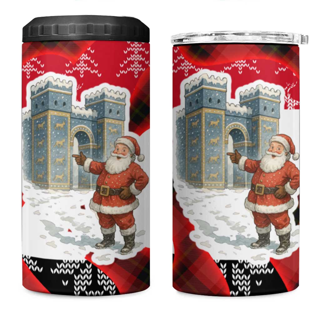 Iraq Christmas 4 in 1 Can Cooler Tumbler with Santa Ishtar Gate Red Plaid and Snowflake Reindeer Pattern - Wonder Print Shop