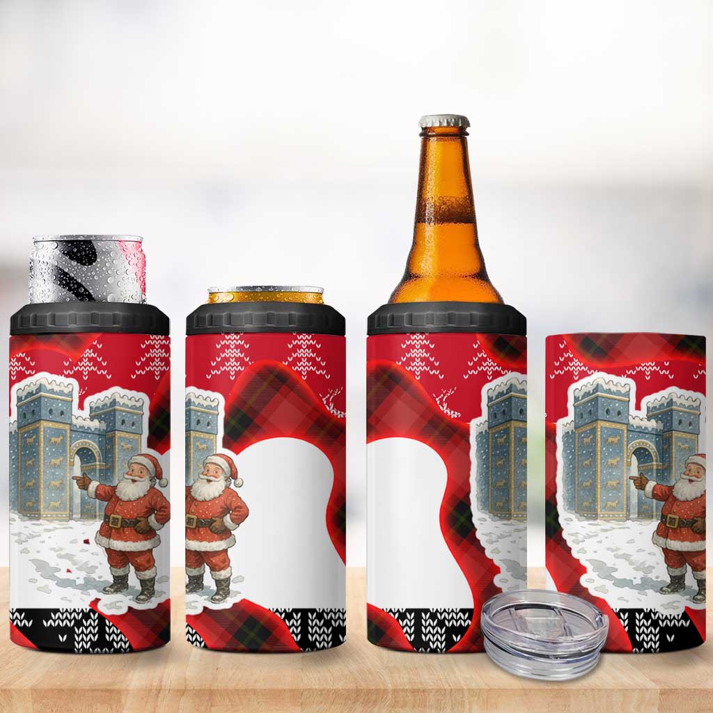 Iraq Christmas 4 in 1 Can Cooler Tumbler with Santa Ishtar Gate Red Plaid and Snowflake Reindeer Pattern - Wonder Print Shop