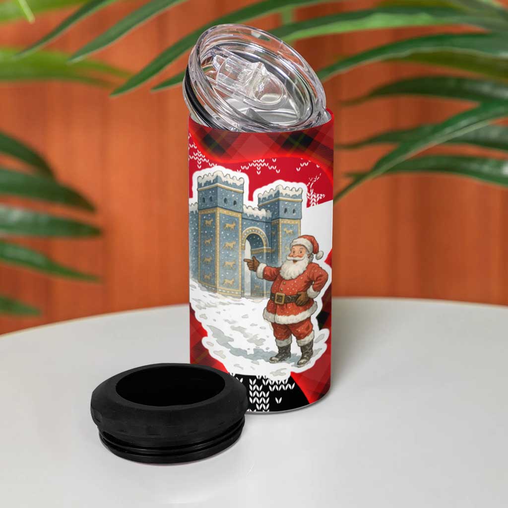 Iraq Christmas 4 in 1 Can Cooler Tumbler with Santa Ishtar Gate Red Plaid and Snowflake Reindeer Pattern - Wonder Print Shop