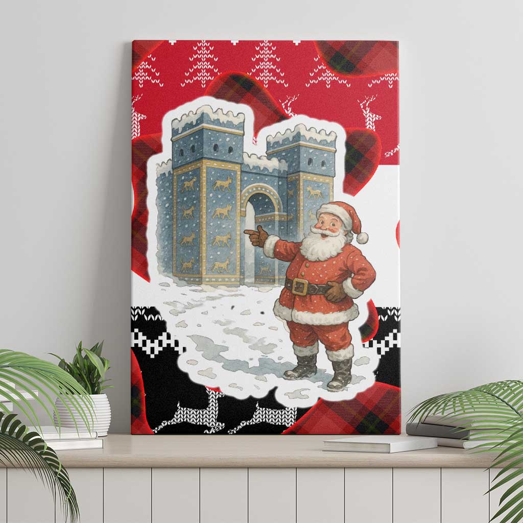 Iraq Christmas Canvas Wall Art with Santa Ishtar Gate Red Plaid and Snowflake Reindeer Pattern - Wonder Print Shop