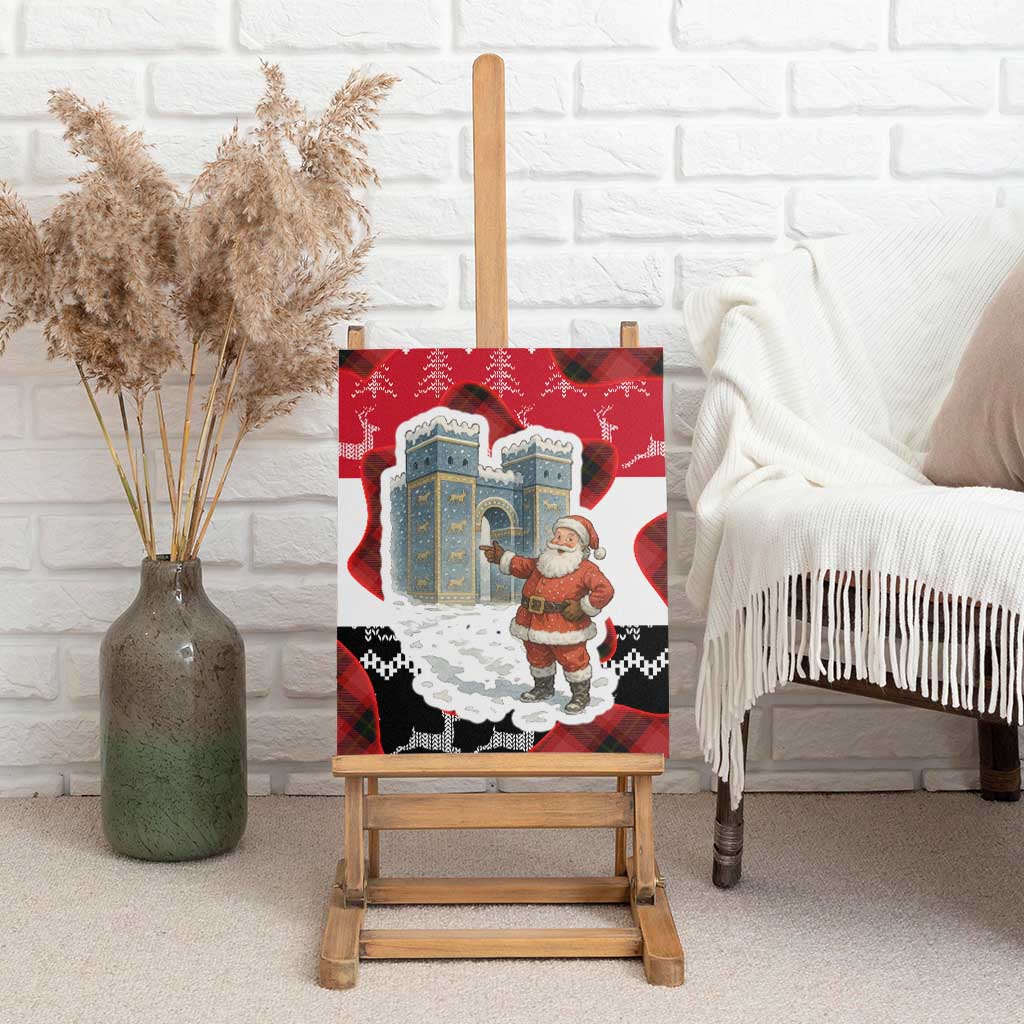 Iraq Christmas Canvas Wall Art with Santa Ishtar Gate Red Plaid and Snowflake Reindeer Pattern - Wonder Print Shop