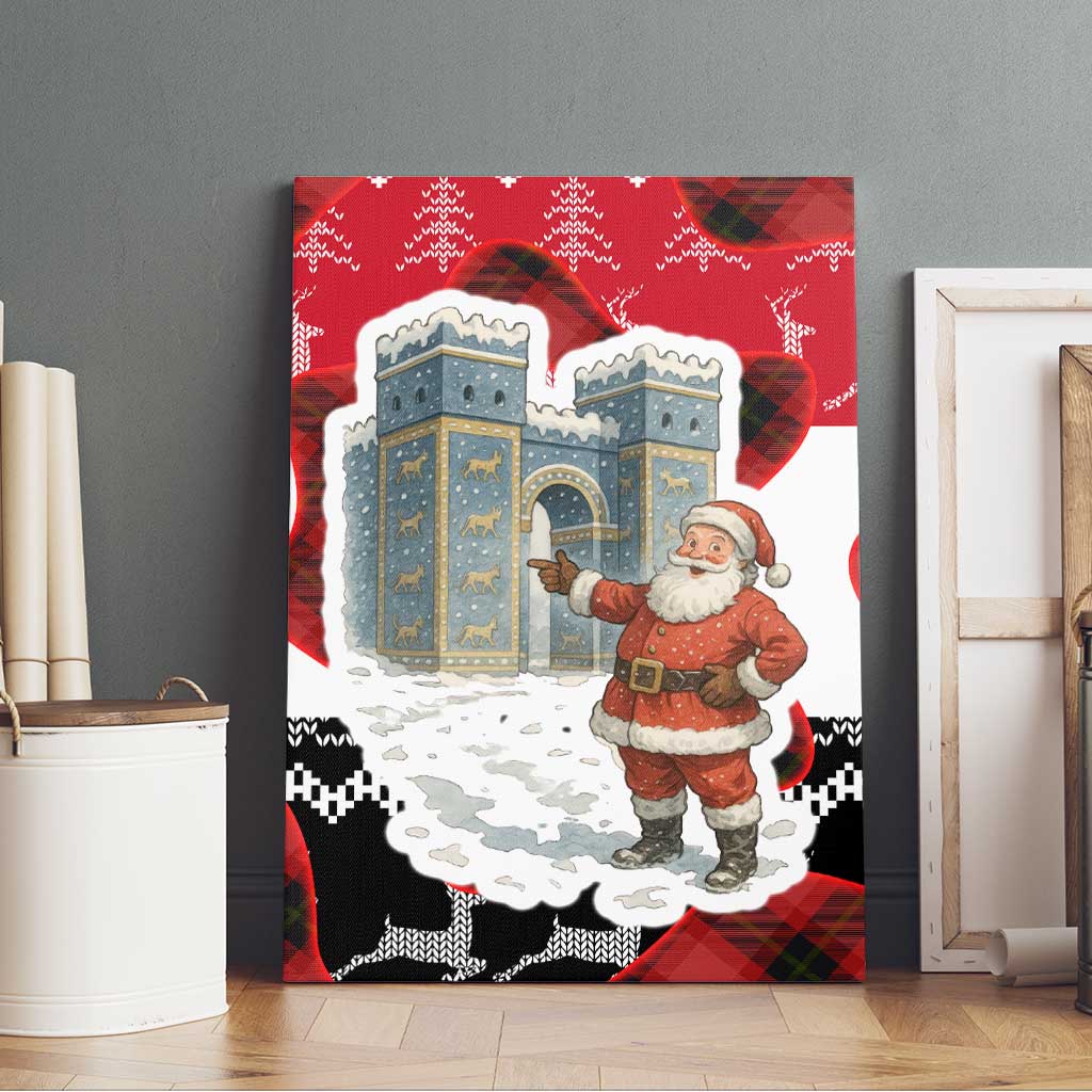 Iraq Christmas Canvas Wall Art with Santa Ishtar Gate Red Plaid and Snowflake Reindeer Pattern - Wonder Print Shop
