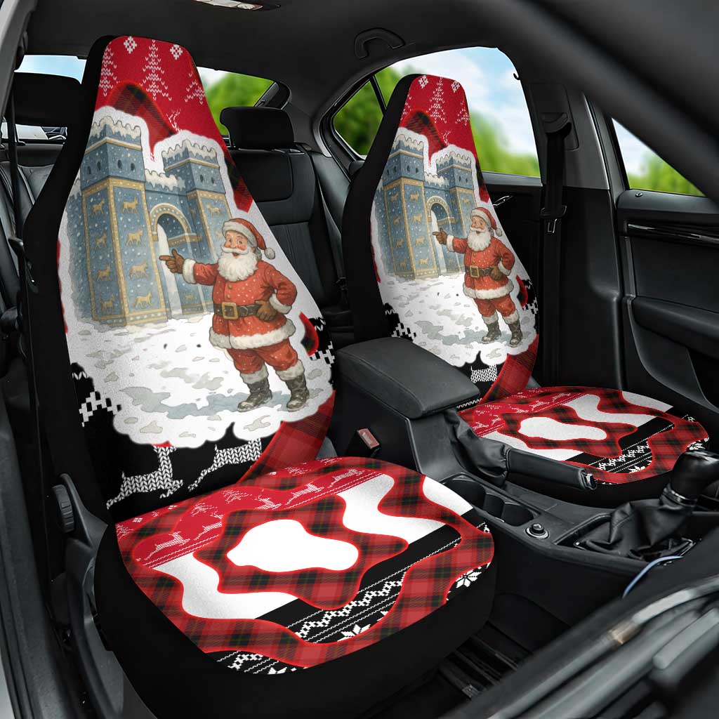Iraq Christmas Car Seat Cover with Santa Ishtar Gate Red Plaid and Snowflake Reindeer Pattern - Wonder Print Shop