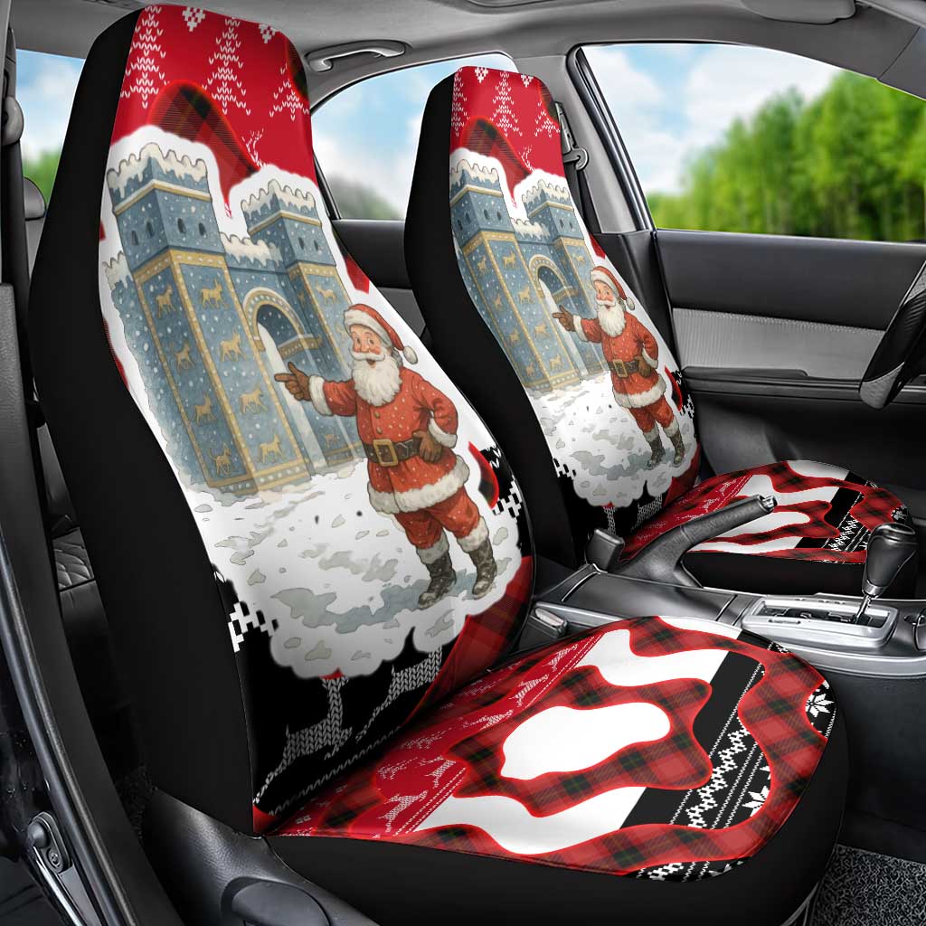 Iraq Christmas Car Seat Cover with Santa Ishtar Gate Red Plaid and Snowflake Reindeer Pattern - Wonder Print Shop