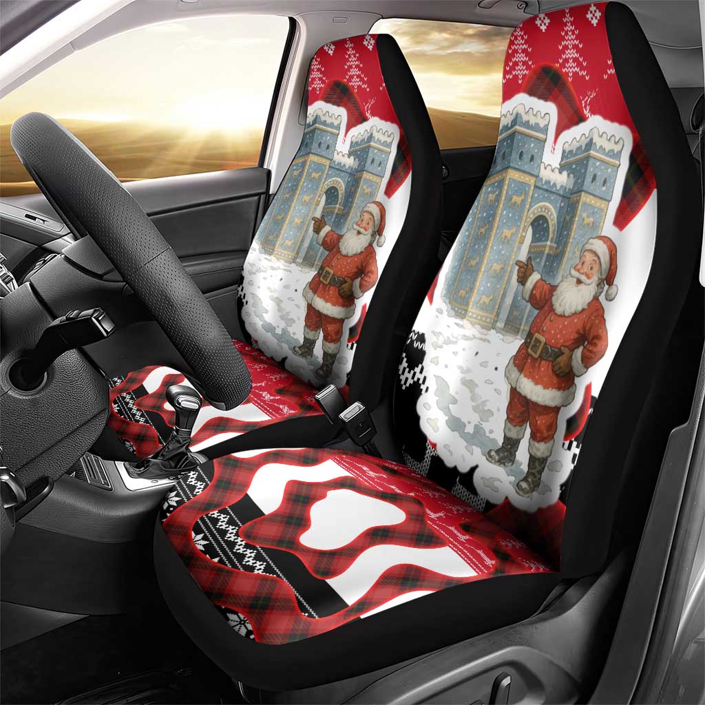 Iraq Christmas Car Seat Cover with Santa Ishtar Gate Red Plaid and Snowflake Reindeer Pattern - Wonder Print Shop