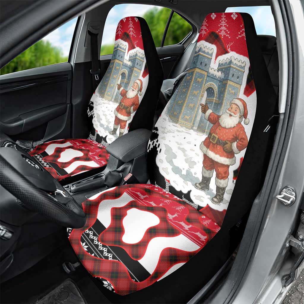 Iraq Christmas Car Seat Cover with Santa Ishtar Gate Red Plaid and Snowflake Reindeer Pattern - Wonder Print Shop