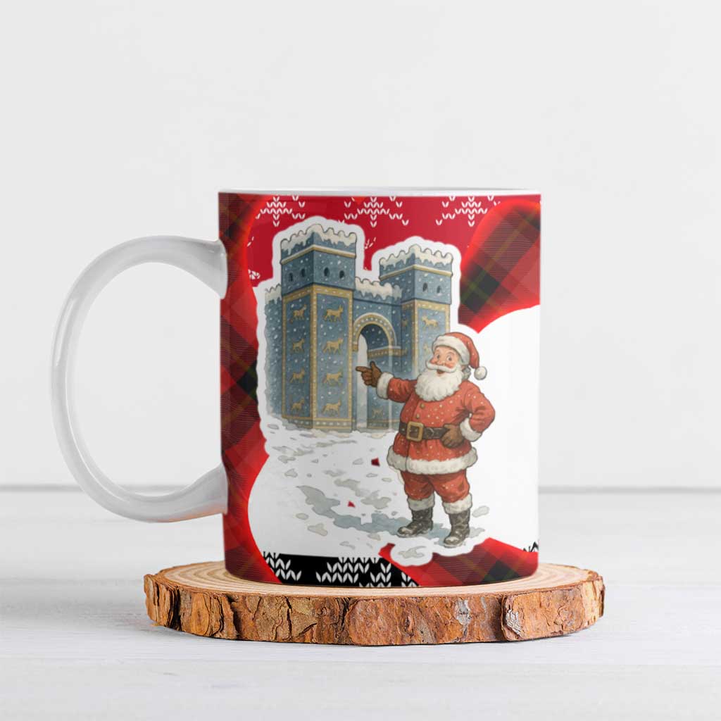 Iraq Christmas Ceramic Mug with Santa Ishtar Gate Red Plaid and Snowflake Reindeer Pattern - Wonder Print Shop