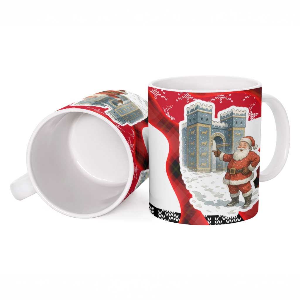 Iraq Christmas Ceramic Mug with Santa Ishtar Gate Red Plaid and Snowflake Reindeer Pattern - Wonder Print Shop