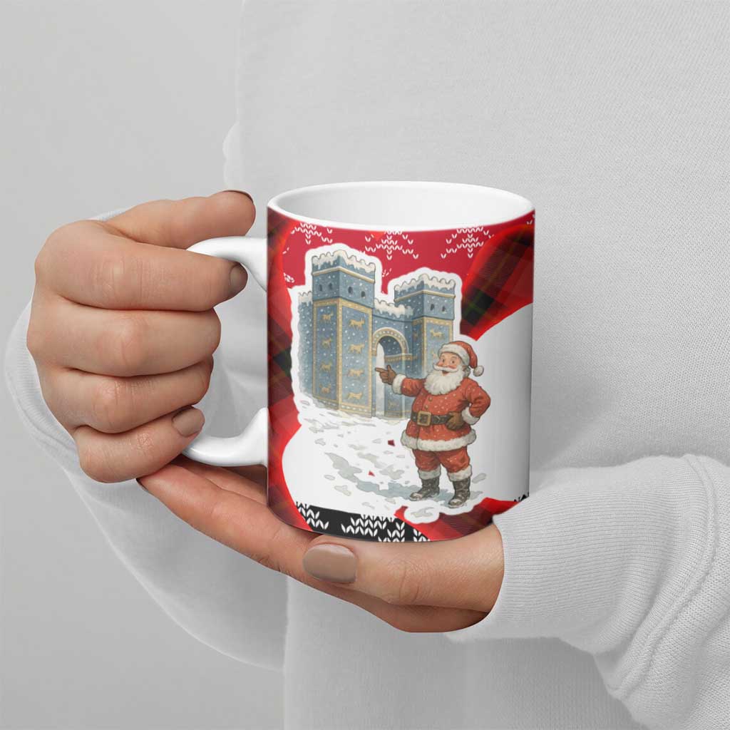 Iraq Christmas Ceramic Mug with Santa Ishtar Gate Red Plaid and Snowflake Reindeer Pattern - Wonder Print Shop