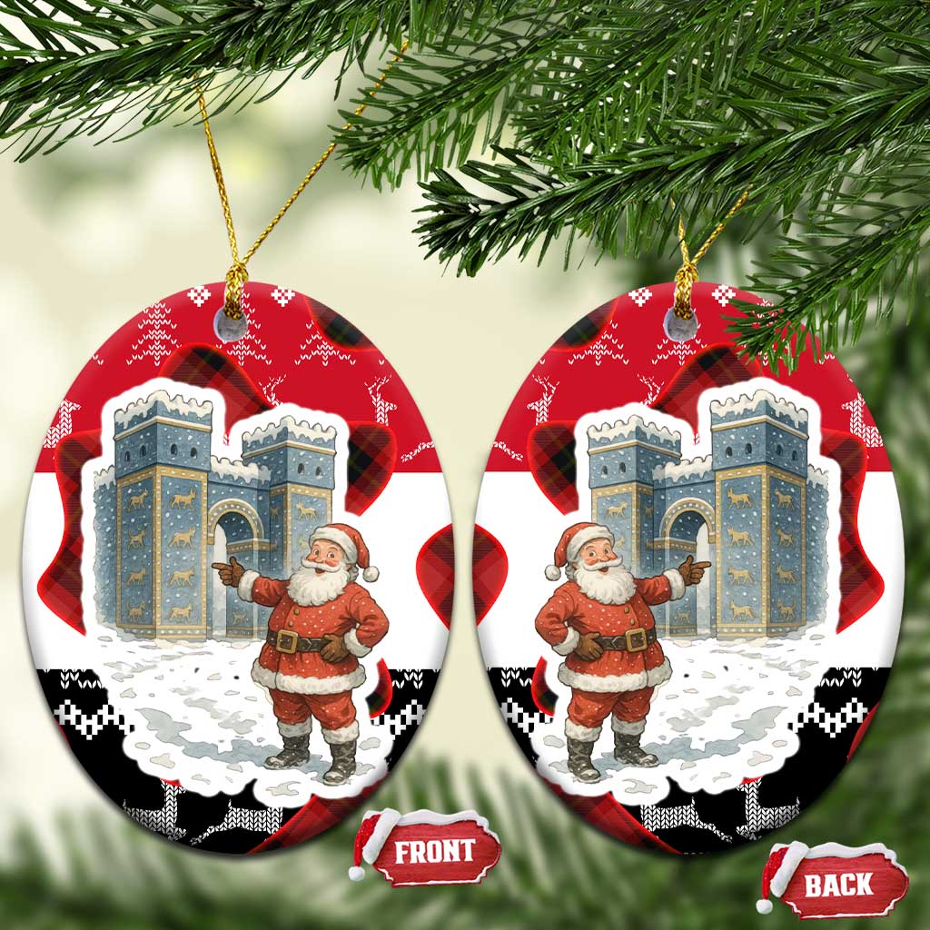 Iraq Christmas Ceramic Ornament with Santa Ishtar Gate Red Plaid and Snowflake Reindeer Pattern - Wonder Print Shop