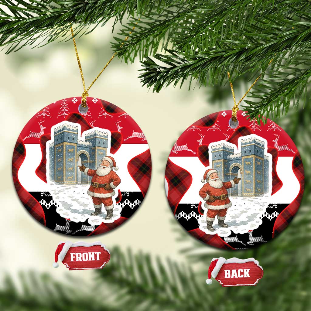 Iraq Christmas Ceramic Ornament with Santa Ishtar Gate Red Plaid and Snowflake Reindeer Pattern - Wonder Print Shop